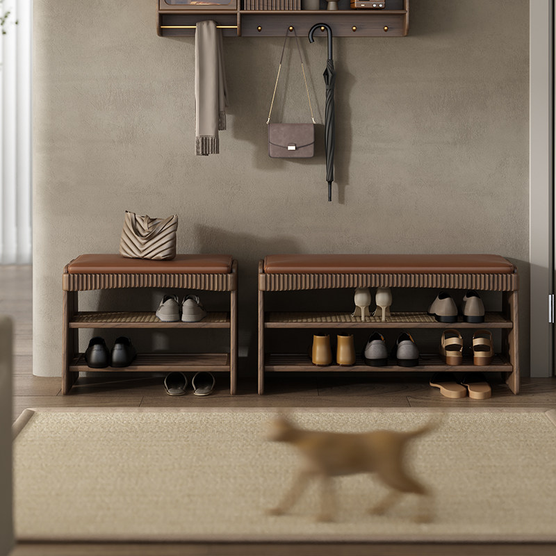 换鞋凳家用门口可坐黑胡桃木玄关入户穿鞋凳进门凳实木凳子皮坐垫