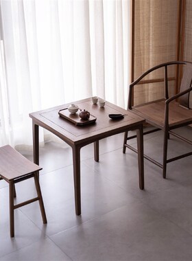 九间房新中式四方桌黑胡桃木实木茶书桌棋牌餐厅阳台小户型八仙桌