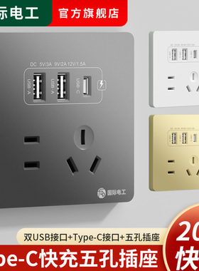 国际电工86型家用Type-C手机快充5五孔带USB充电开关插座面板墙壁