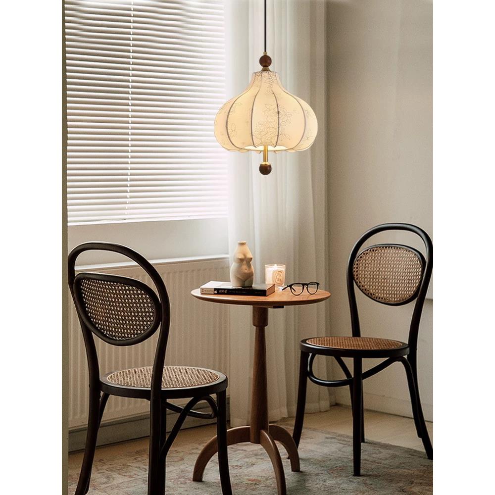 法式复古花纹布艺卧室小吊灯日式衣帽间中古实木吧台餐厅中山灯具