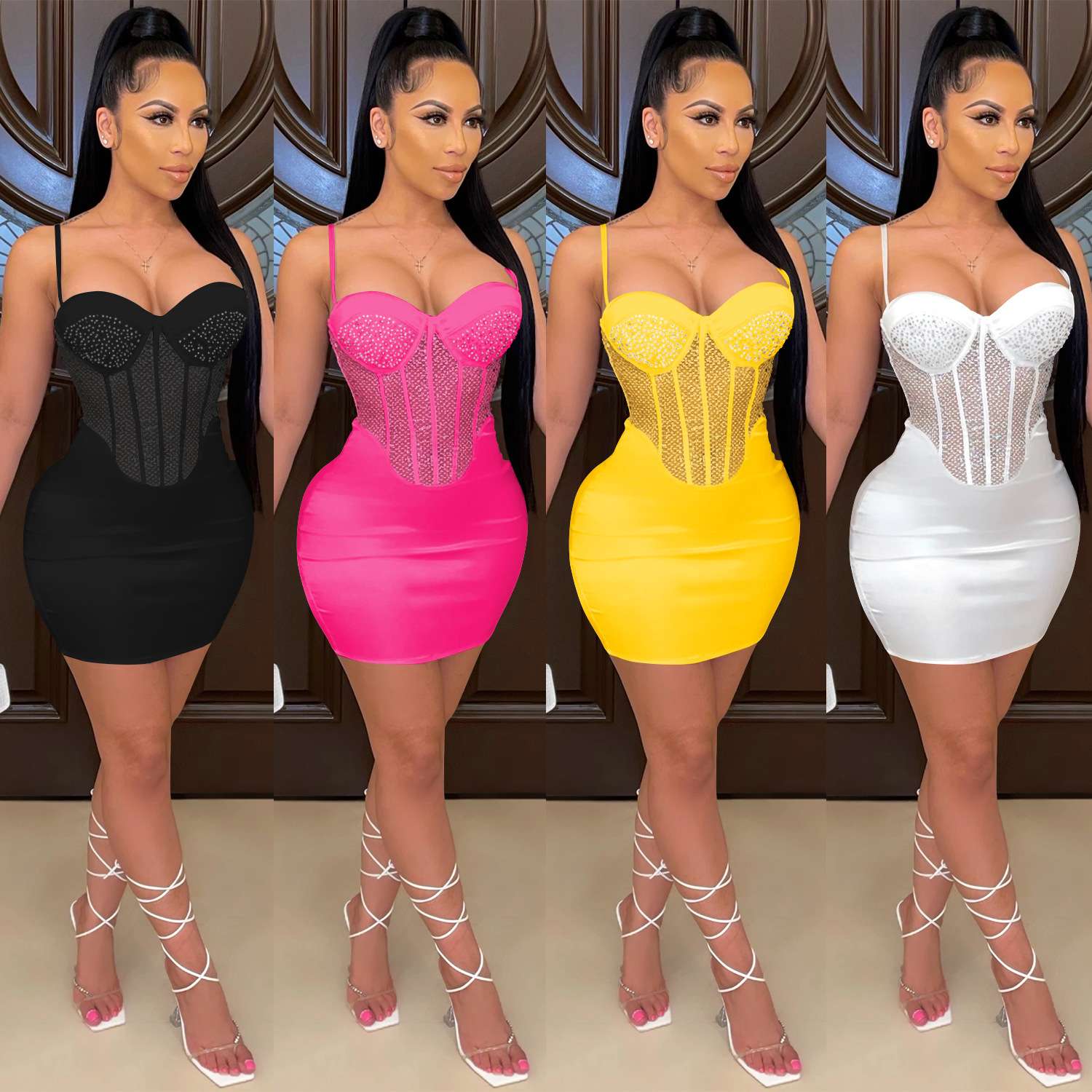 2024X5132新品wish性感吊带裹胸网纱烫钻纯色连体裙women clothes