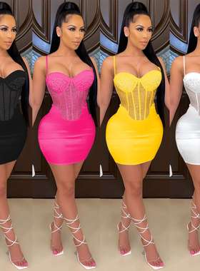 2024X5132新品wish性感吊带裹胸网纱烫钻纯色连体裙women clothes