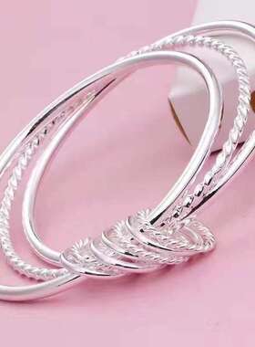 网红三生三世镀银手镯女闭口实心多圈银手环送女友生日礼物