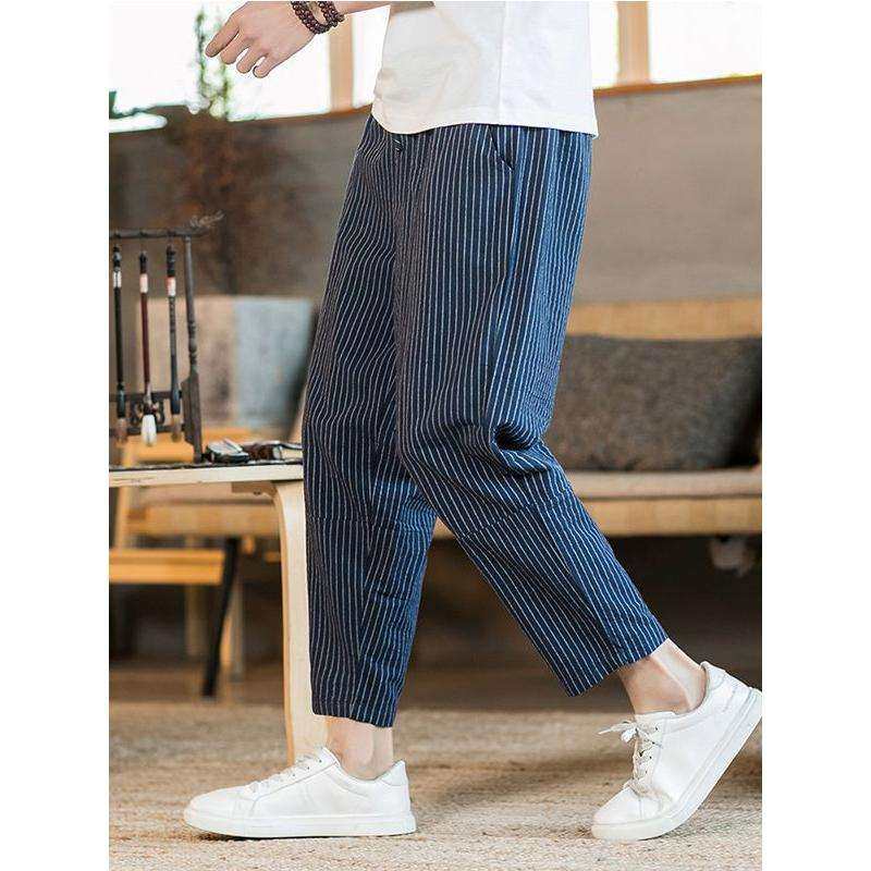 men clothes麻九分裤日系大码条纹休闲裤灯笼裤萝卜裤哈伦裤2024