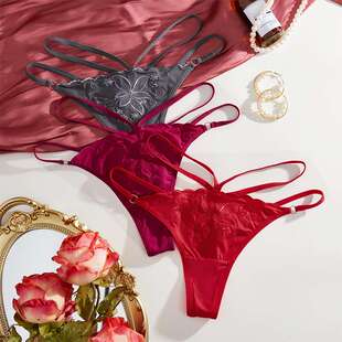 女士低腰无痕丁字裤性感细带低腰刺绣花纹纯棉裆内裤