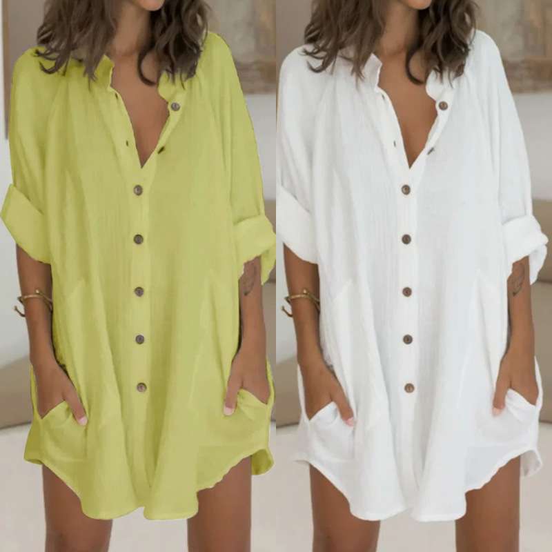 2024装欧美女装棉麻排扣中长款短袖宽松衬衣女女装women clothes