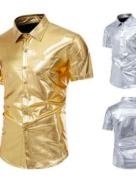 men clothes款男士亮面夜店迪斯科短袖衬衫男欧码潮流衬衣C422024