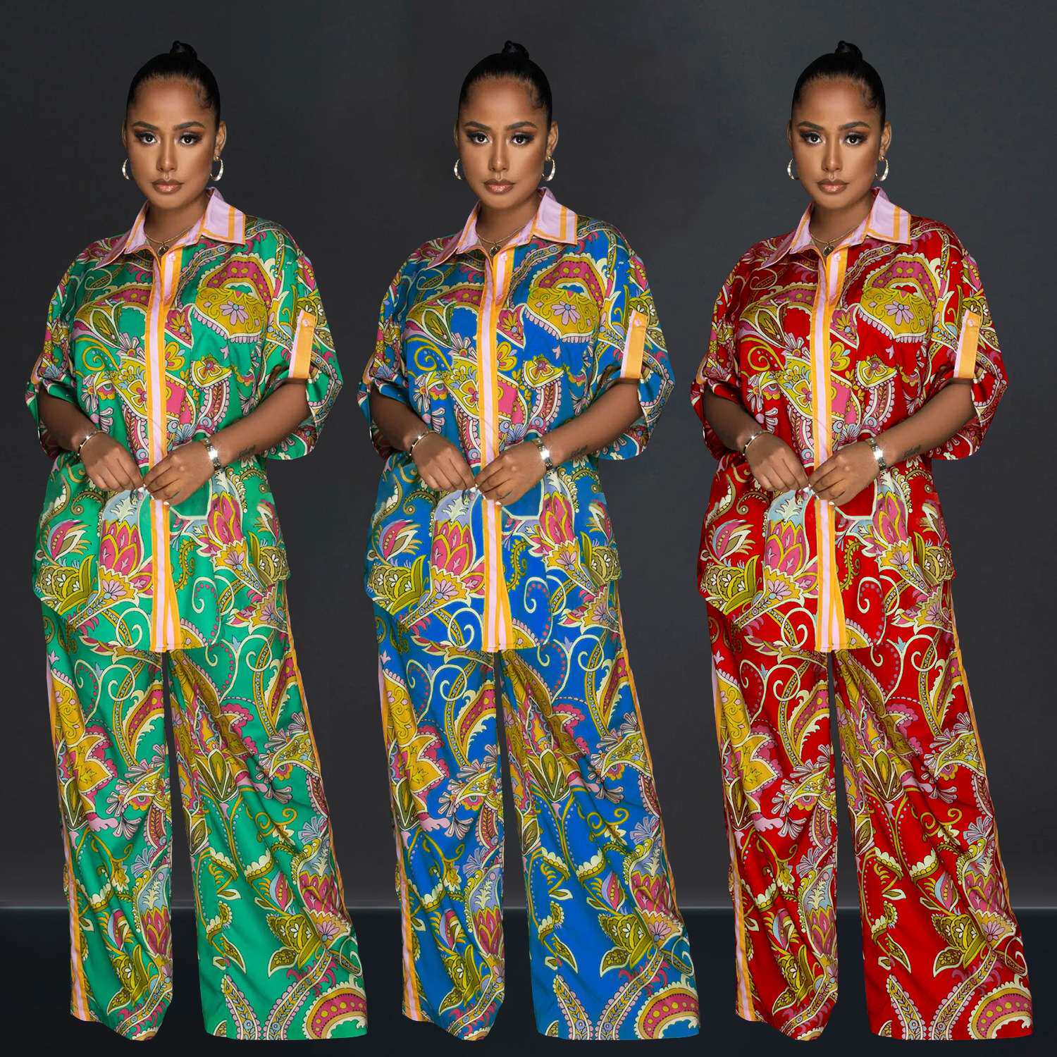 2024C6618欧美时尚女装法式印花衬衫短袖长裤两件套women clothes