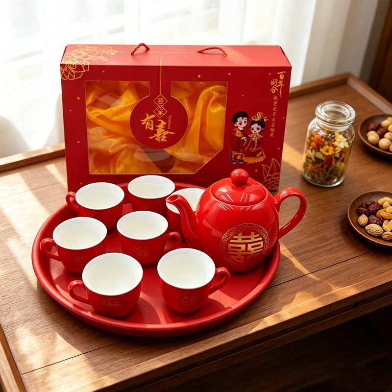 结婚敬茶杯套装红色喜字茶具婚礼婚庆用品大全陶瓷手柄壶红色盘
