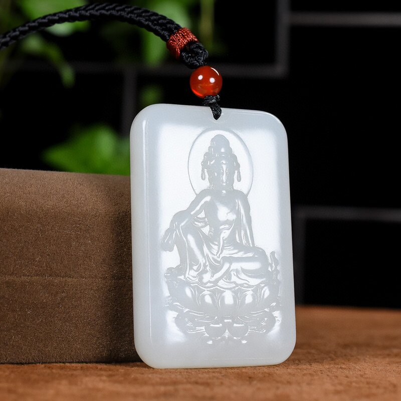 天然和田玉观音吊坠青白玉精雕佛像挂坠男女款玉牌项链