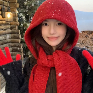 本命年红帽子围巾女士氛围感冬天洋气时髦红色法拉帽韩系防寒保暖