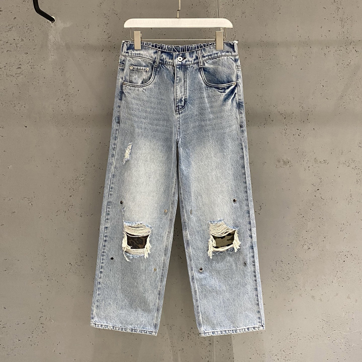 高街欧式牛仔裤男女2026时尚潮牌磨损破洞迷彩补丁水洗宽松休闲裤