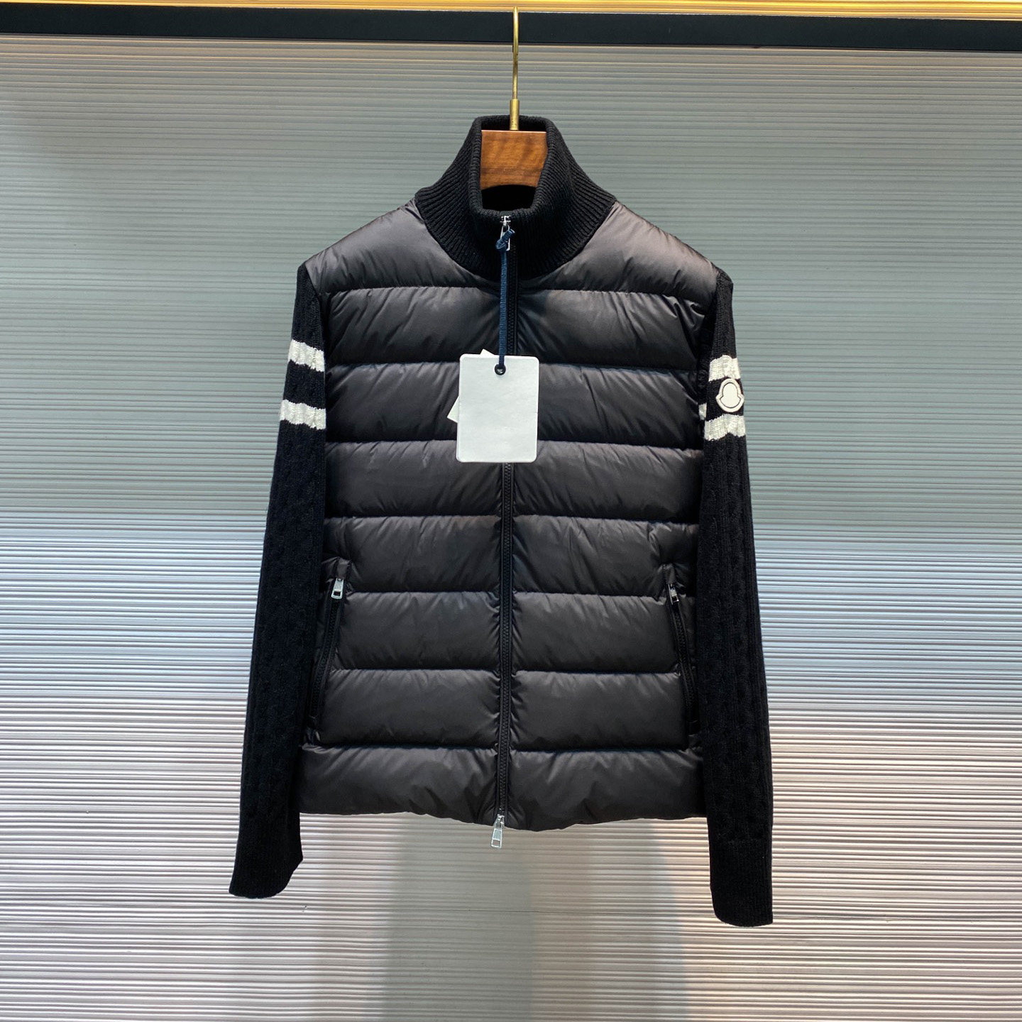 高街欧式羽绒服男女时尚潮牌老钱风几何图形绞花针织羊毛拼接外套