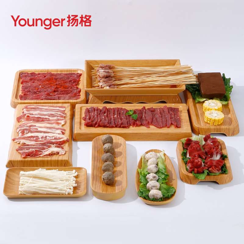 密胺仿木纹盘子商用火锅店自助餐盘烤肉盘牛肉专用长方形盘子餐具