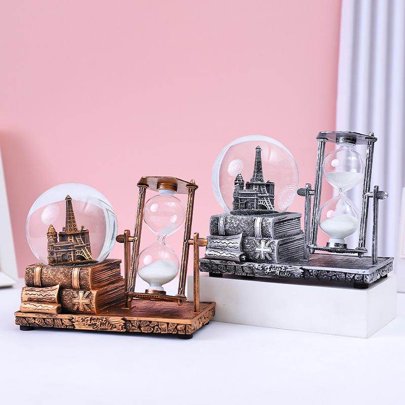新品创意复古铁塔水晶球沙漏桌面装饰品摆件发光音乐盒水球计时器,家居饰品,音乐盒,淘宝优惠券,粉丝福利购,淘宝优惠卷