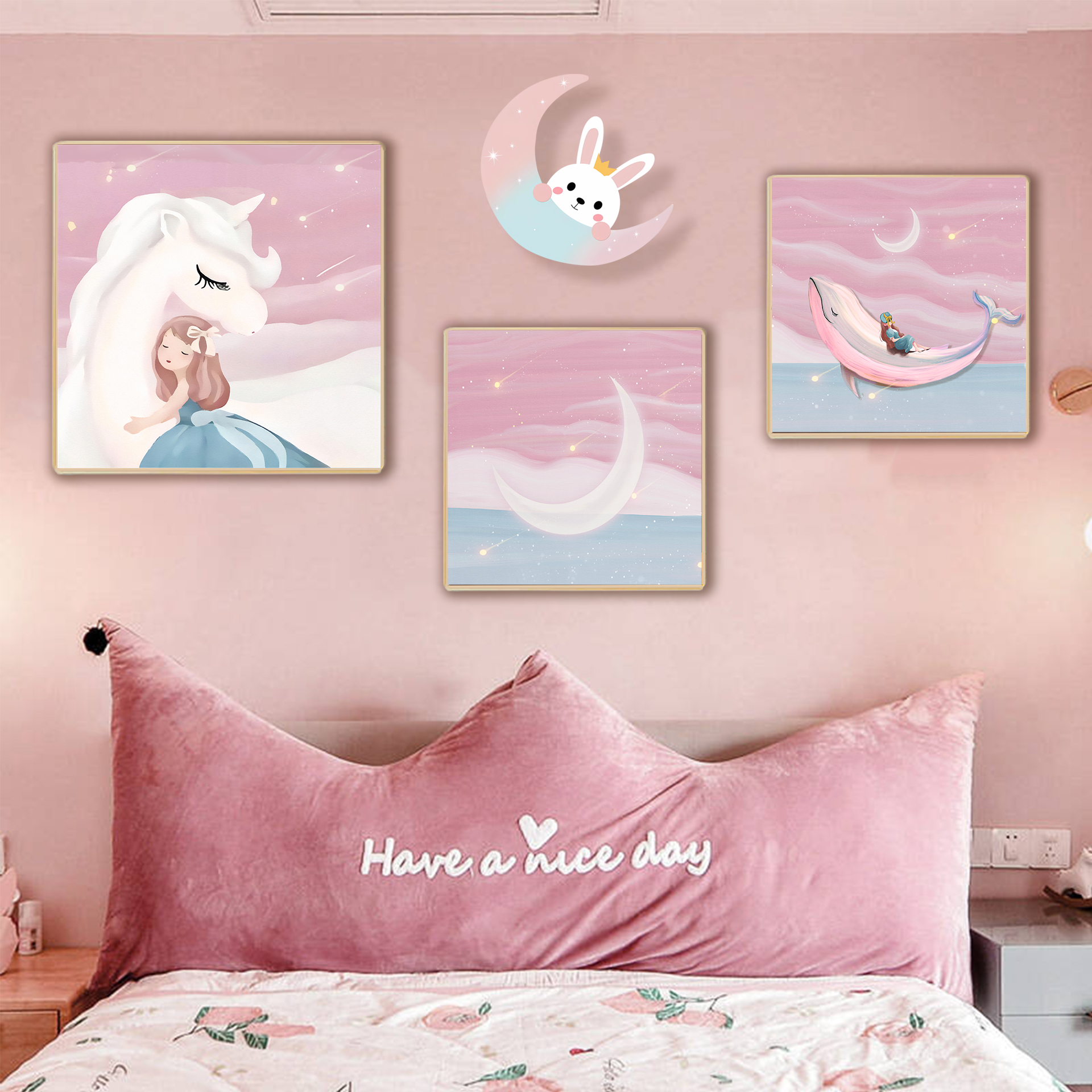 儿童房艺术装饰画卡通女孩房间卧室床头背景挂画组合女童壁画人物图片
