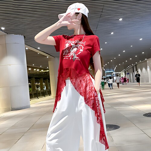 蕾丝拼接字母不规则T恤舞蹈服装
