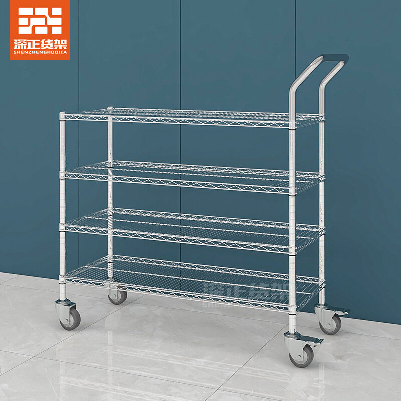 。货架镀铬线网格层架子不锈钢货架带轮移动储物架置物架家用展示
