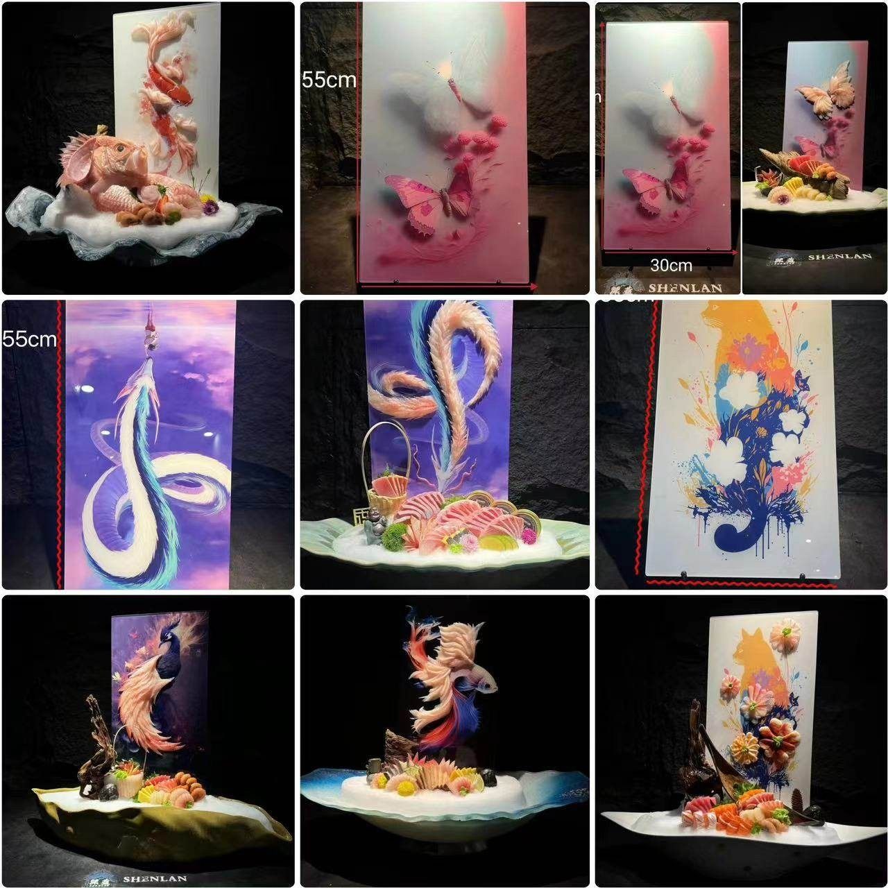 网红鱼雕盘带图案鱼雕板国风亚克力板深蓝同款背景盘4D彩绘人物盘
