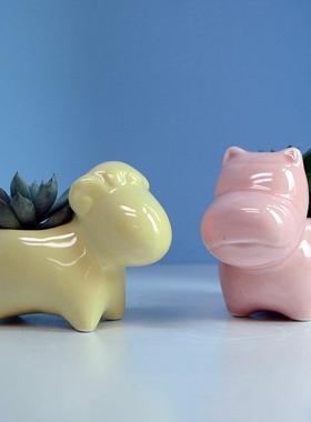 创意个性卡通迷你多肉花盆器陶瓷简约多彩可爱小动物拇指桌面阳台