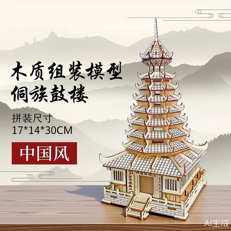 侗族鼓楼中国风3d木质立体拼图 儿童手工diy小屋建筑模型玩具拼装图片