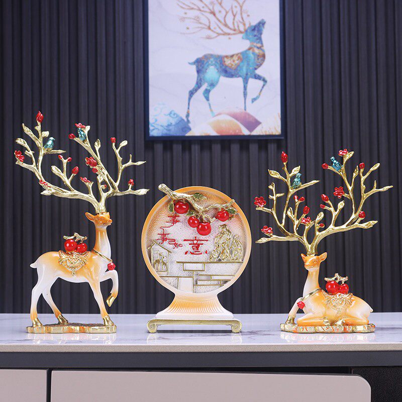 招财梅花鹿摆件三件套事事如意客厅办公室酒柜电视柜博古架装饰品