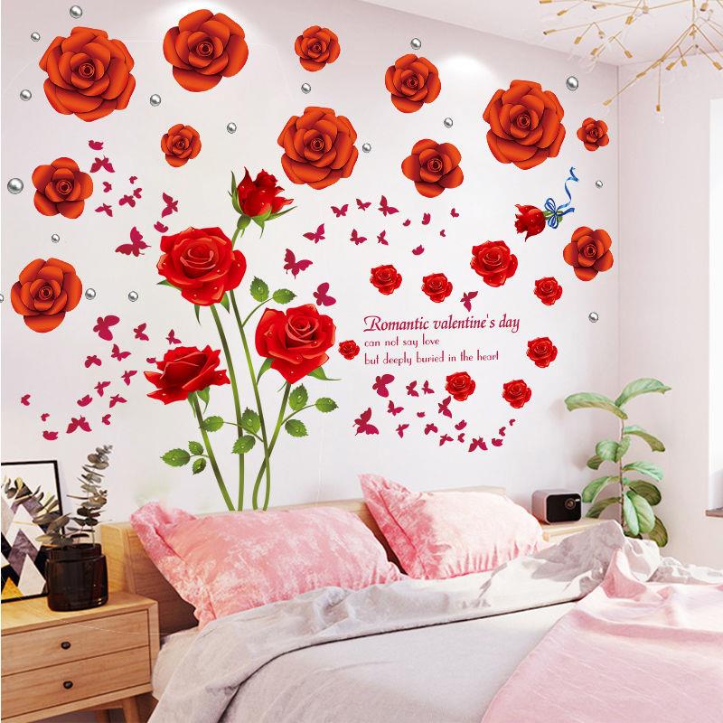 玫瑰花卧室婚房温馨床头墙贴纸客厅沙发自粘装饰壁纸可移除墙贴画