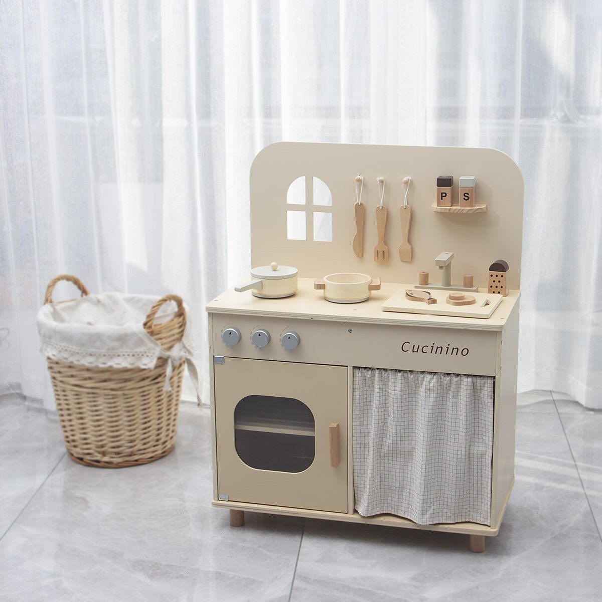 奶咖厨房儿童木制仿真过家家厨房冰箱烤箱洗衣机玩具