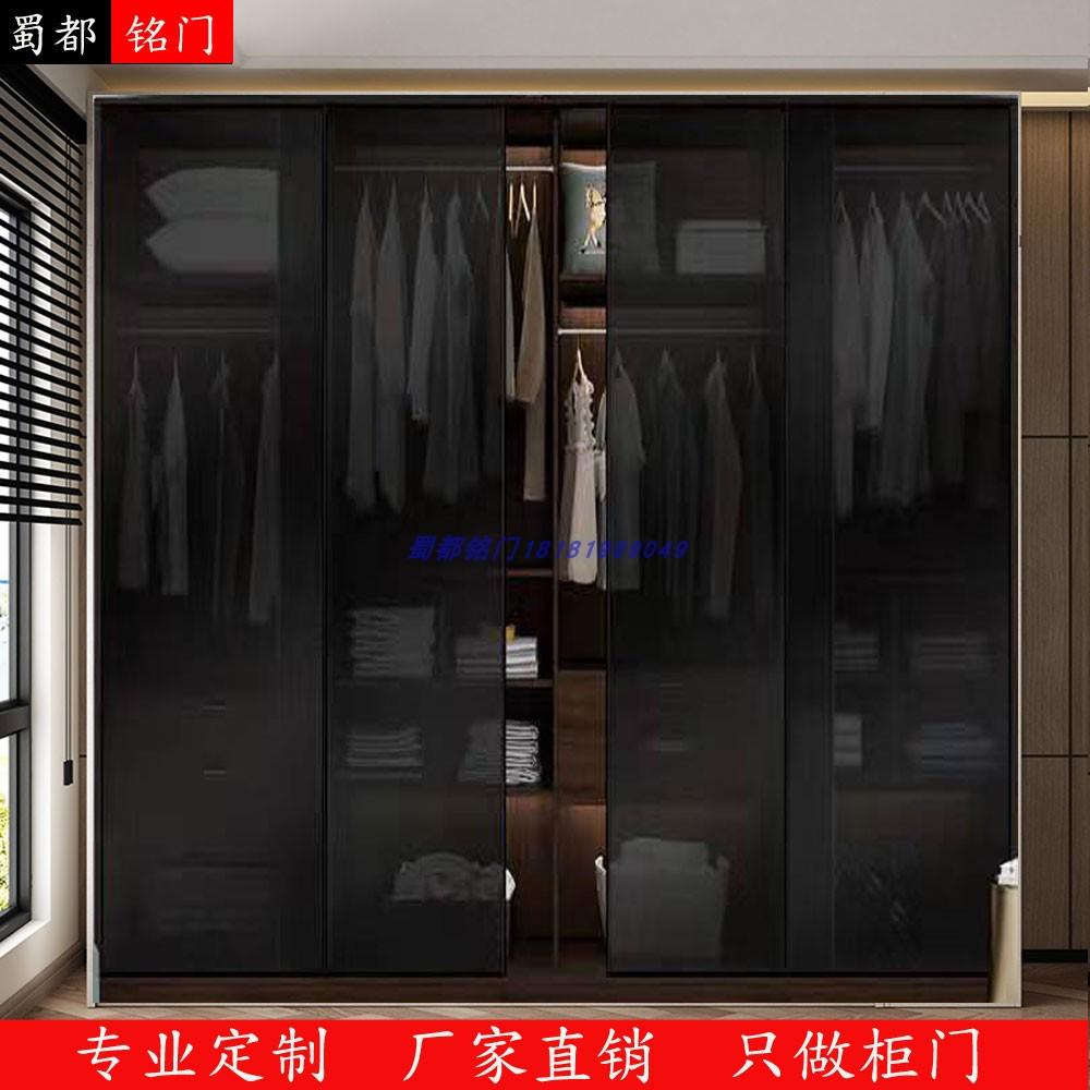 I1钢化透明玻璃门定制衣柜推拉门极窄框黑色移门茶色衣橱柜门滑