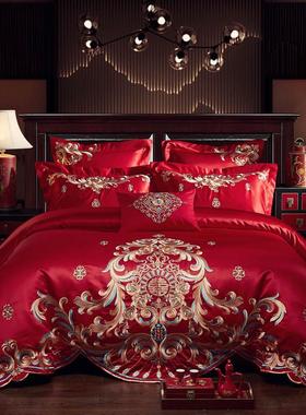 6b76新婚庆四件套大红色全棉结刺绣婚床品双人婚嫁六件套被套