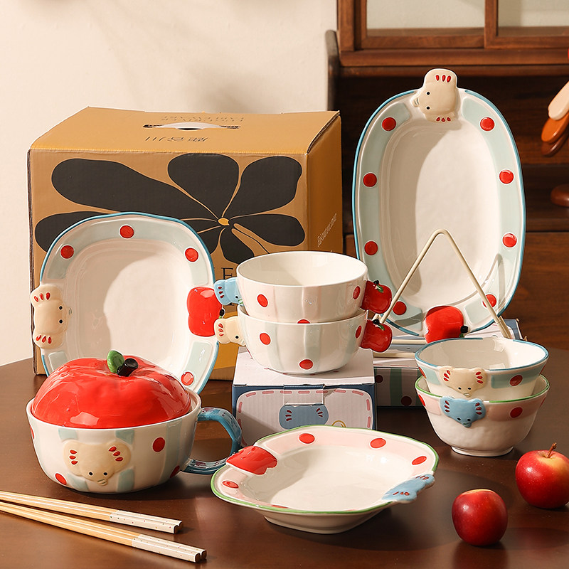 陶瓷可爱碗盘漂亮餐具套装家用炒菜盘子漂亮的饭碗双耳泡面碗带盖,餐饮具,碗,淘宝优惠券,粉丝福利购,淘宝优惠卷