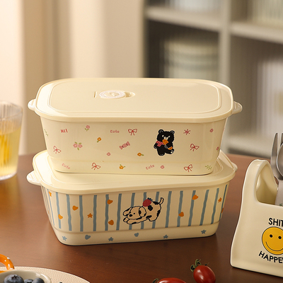 可爱陶瓷分隔饭盒上班族便当盒带饭餐盒可用微波炉加热专用保鲜盒