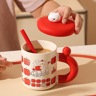可爱马克杯带盖吸管杯陶瓷杯家用早餐杯高颜值耐高温喝水杯办公室