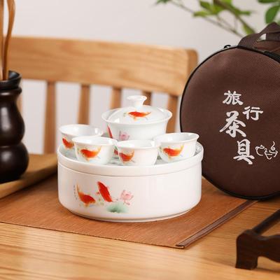 潮汕功夫旅行茶具带陶瓷茶盘家用车载户外便携式包白瓷茶具套装