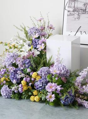 高雅紫色花艺摆件大型舞台地排花转角花彷真路引花排橱窗展区造景