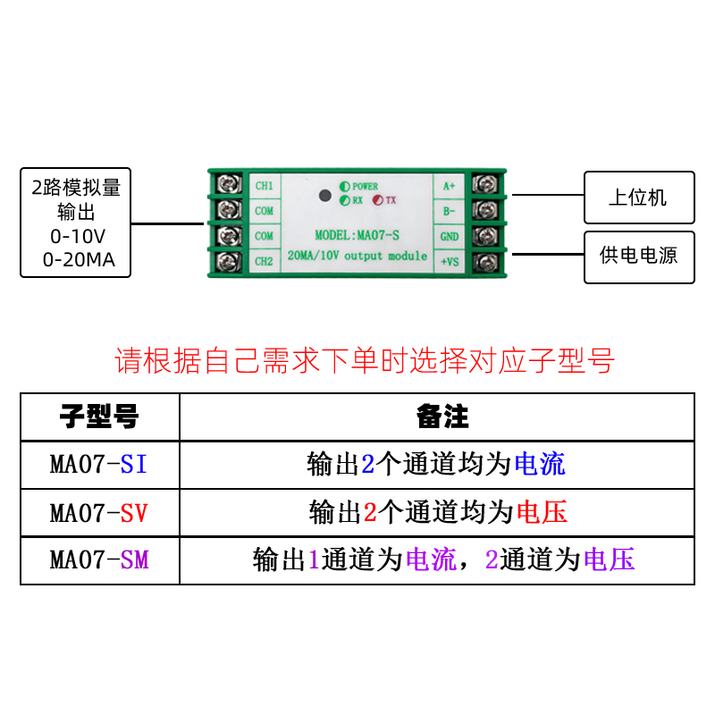 MA07-S 2路0-10pV 0-20MA输出信号发生器RS485转电流电压模拟量
