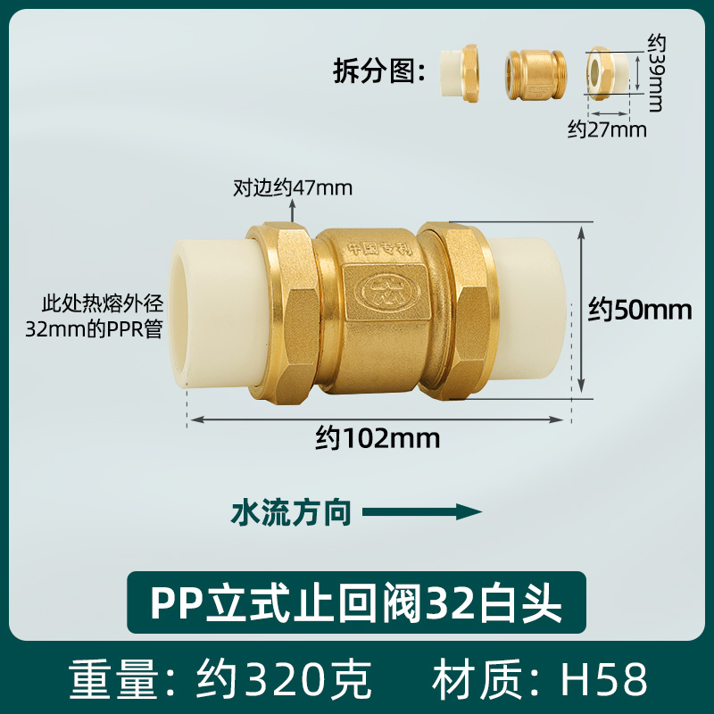 25ppr止回阀止逆阀热熔水管表配件32活接4 6分PE40卧立式逆止阀50