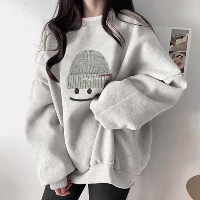 Women's Gray Round Neck Sweatshirt for Autumn and Winter 2025 New Hit Fashionable and Stylish Long Sleeve Jacket with Fleece Lining and Extra Thickness