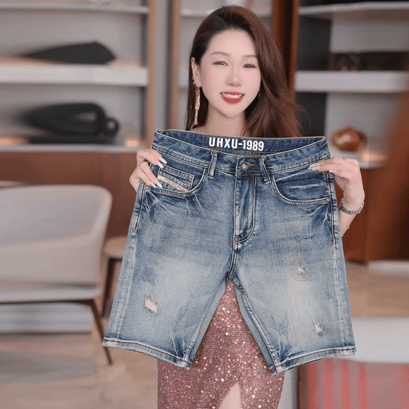 欧美复古夏季破洞牛仔短裤五分裤牛仔裤