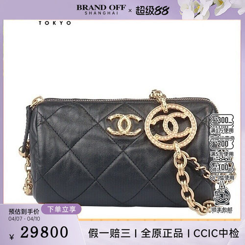 9新CHANEL香奈儿BOWLING BAG黑色羊皮斜挎AS3384二手奢侈品包包