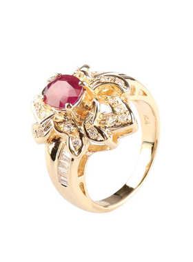 中古95新日本进口椭圆形切工钻石红宝石K18黄金48号戒指