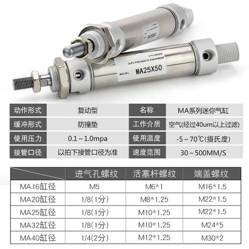 小型气动不锈钢迷你气缸MA16/20/25/32/40-100x200x25x50x75-S-CA