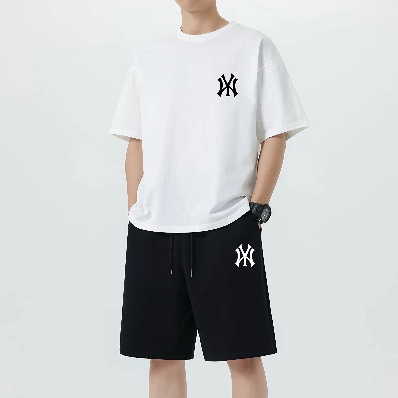 高端男士纯棉夏季套装薄款潮牌印花宽松大码休闲运动跑步两件套男