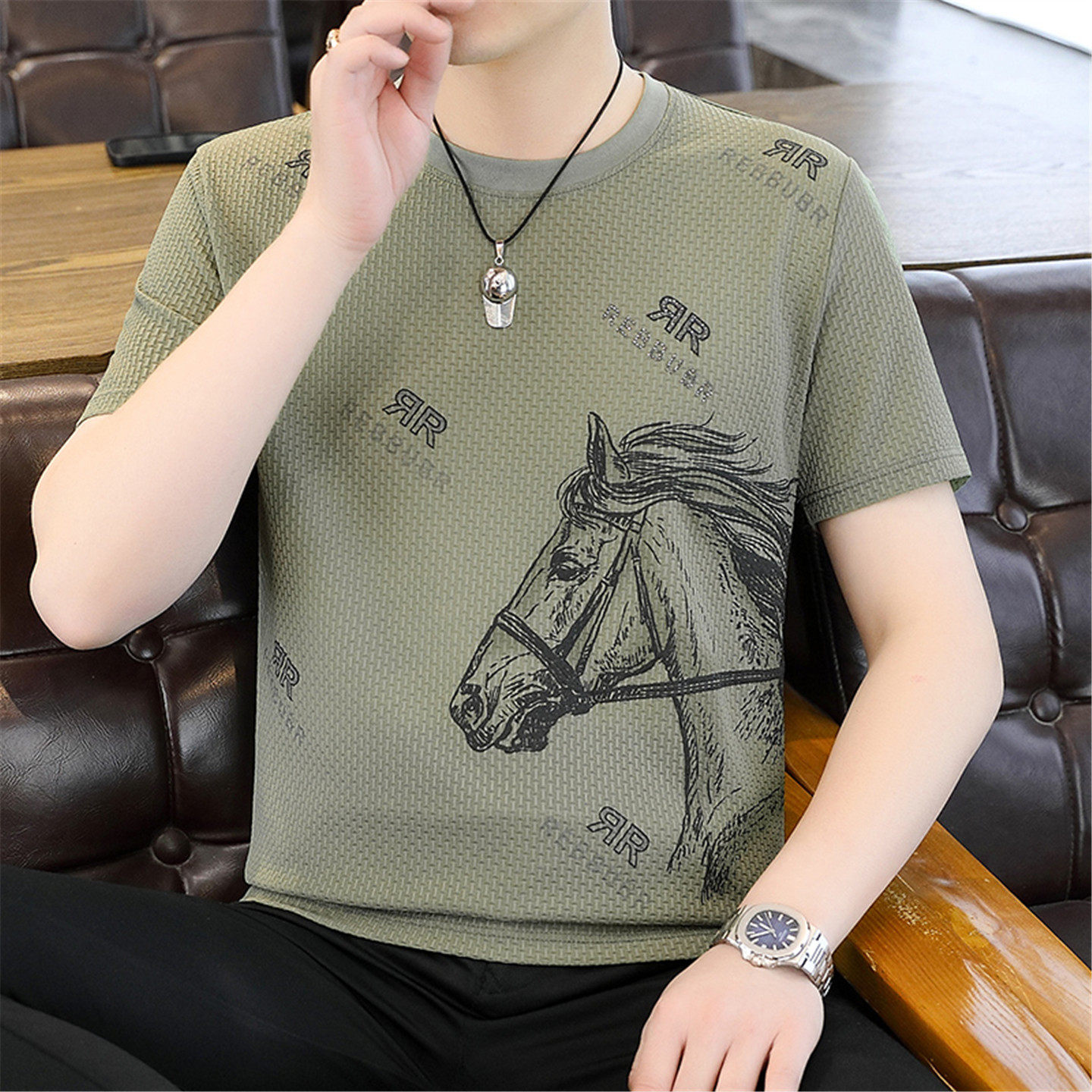 高端冰丝短袖t恤男2026新款夏季薄款速干时尚潮牌印花男士上衣T恤