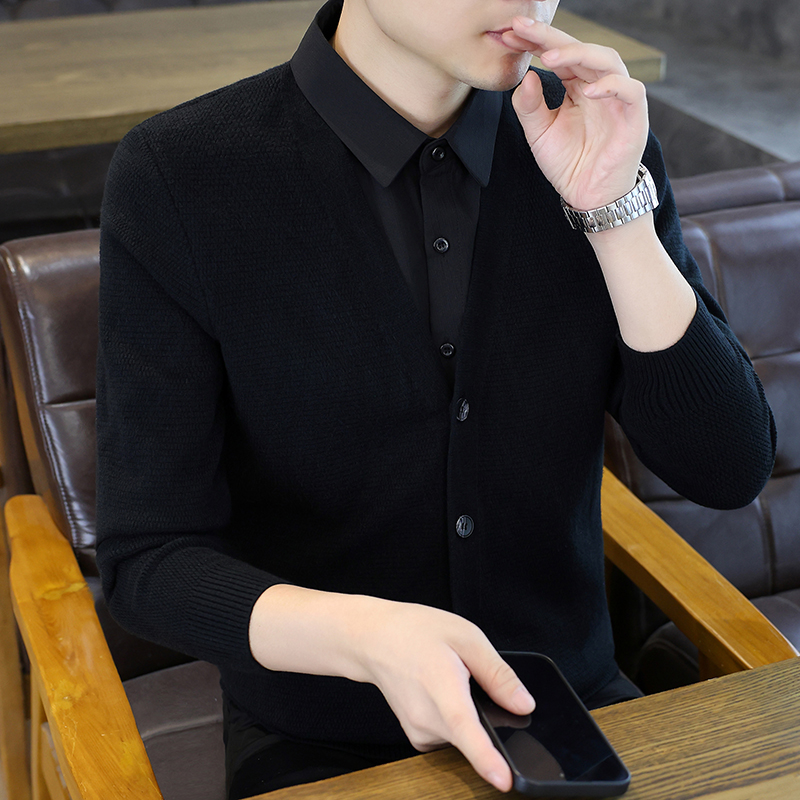 2025新款秋冬季假两件毛衣男衬衫领商务修身高端男士针织开衫线衣