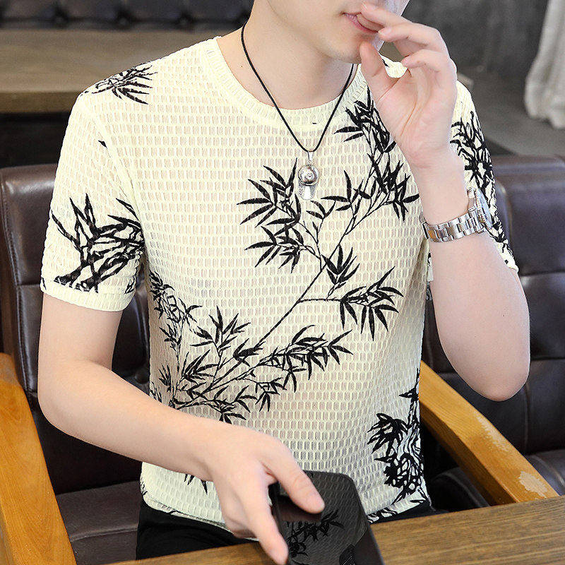 高端冰丝短袖t恤男2026新款夏季薄款潮牌印花男士欧货速干体恤衫