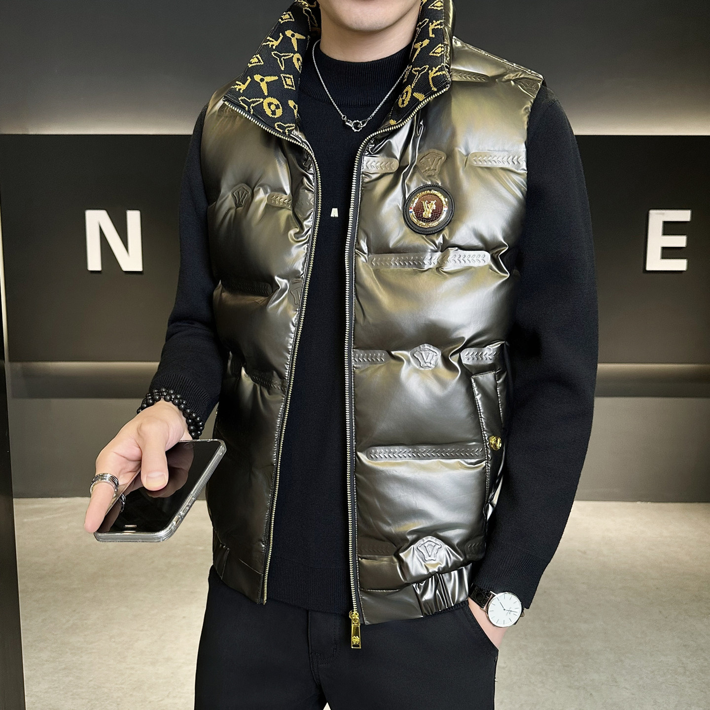 潮牌立领羽绒马甲男2025秋冬季