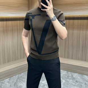 2026春季新款针织半高领短袖毛衣男士打底衫提花保暖舒适弹力修身