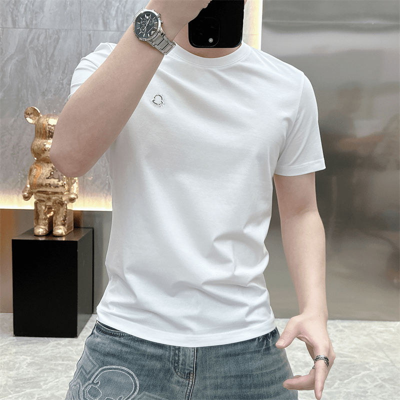 欧货白色短袖T恤男纯棉2026夏季薄款潮牌烫钻圆领修身男士上衣帅
