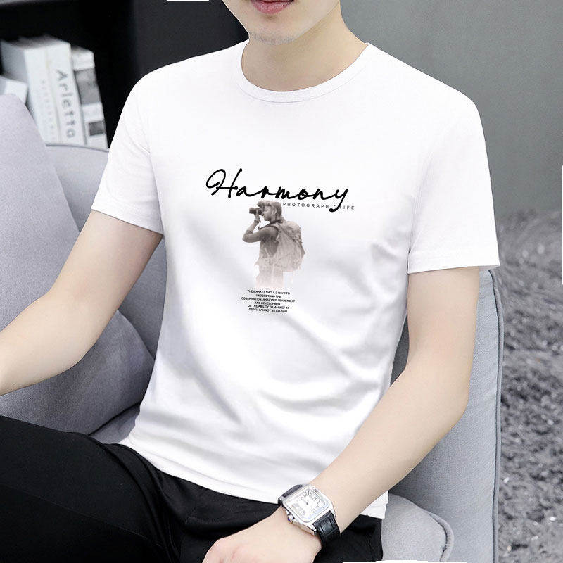 高端白色短袖t恤男纯棉夏季新款潮牌印花圆领修身男士大码上衣帅